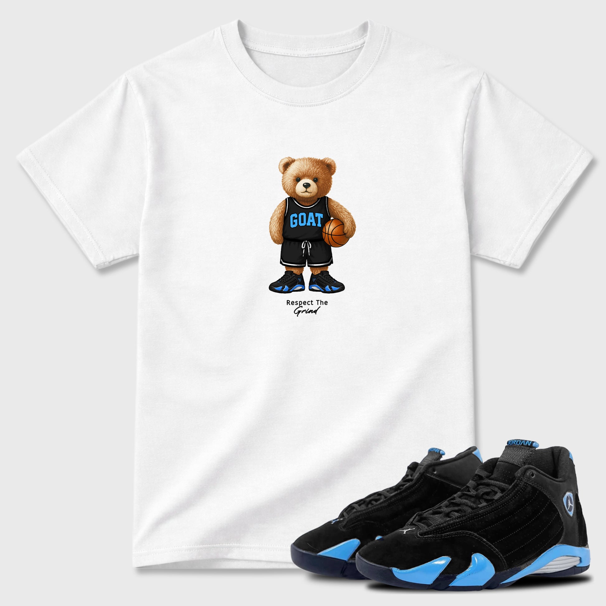 Sneaker match tees – Sneaker Tees To Match Air Jordan 14 University Blue Shoes – GOAT Mode Tee White 1