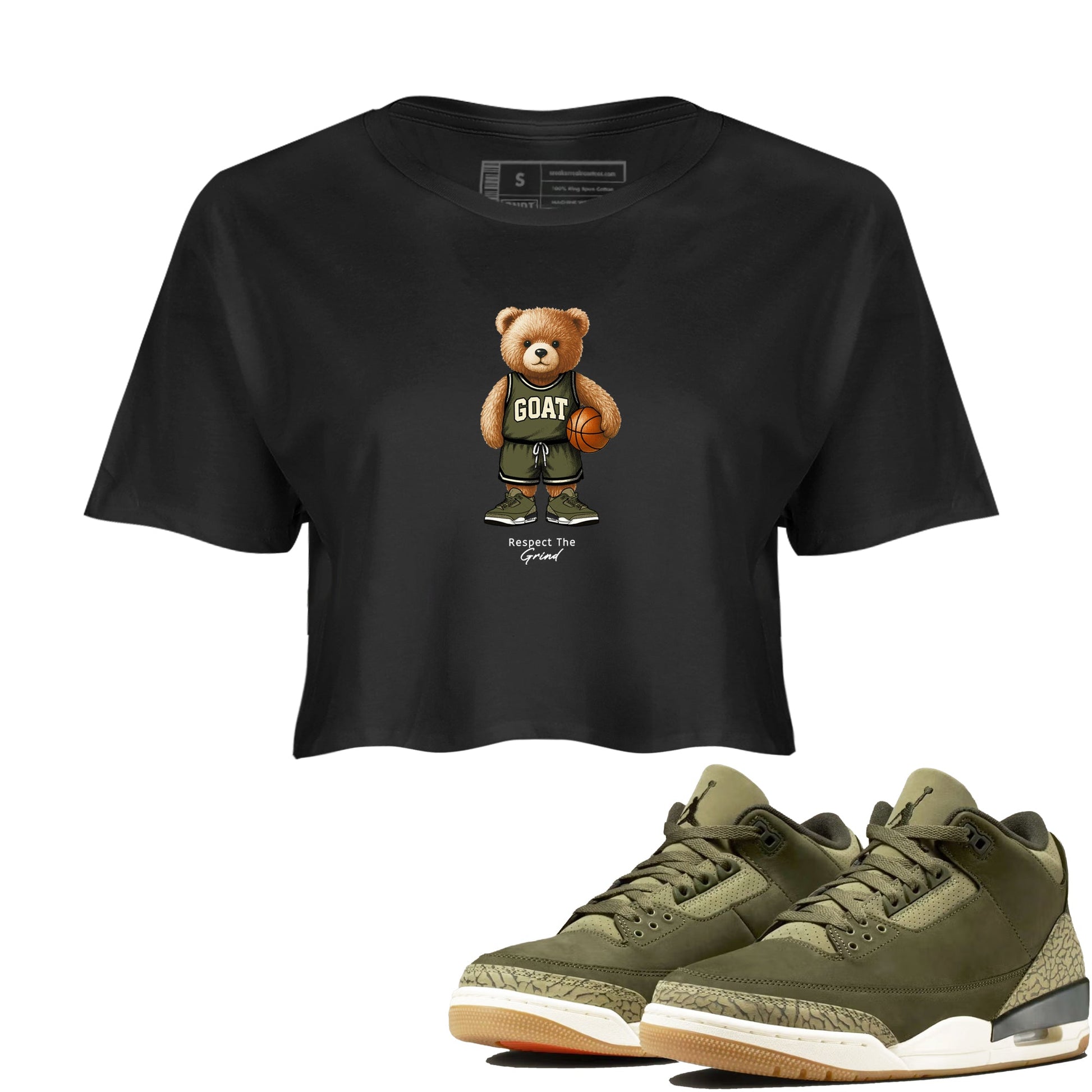 Basketball Graphic Tee – Sneaker Tees To Match Air Jordan 3 Family Affair – GOAT Mode Crop Tee Black 1. Perfect for 3s Medium Olive releases 2025 colorways.