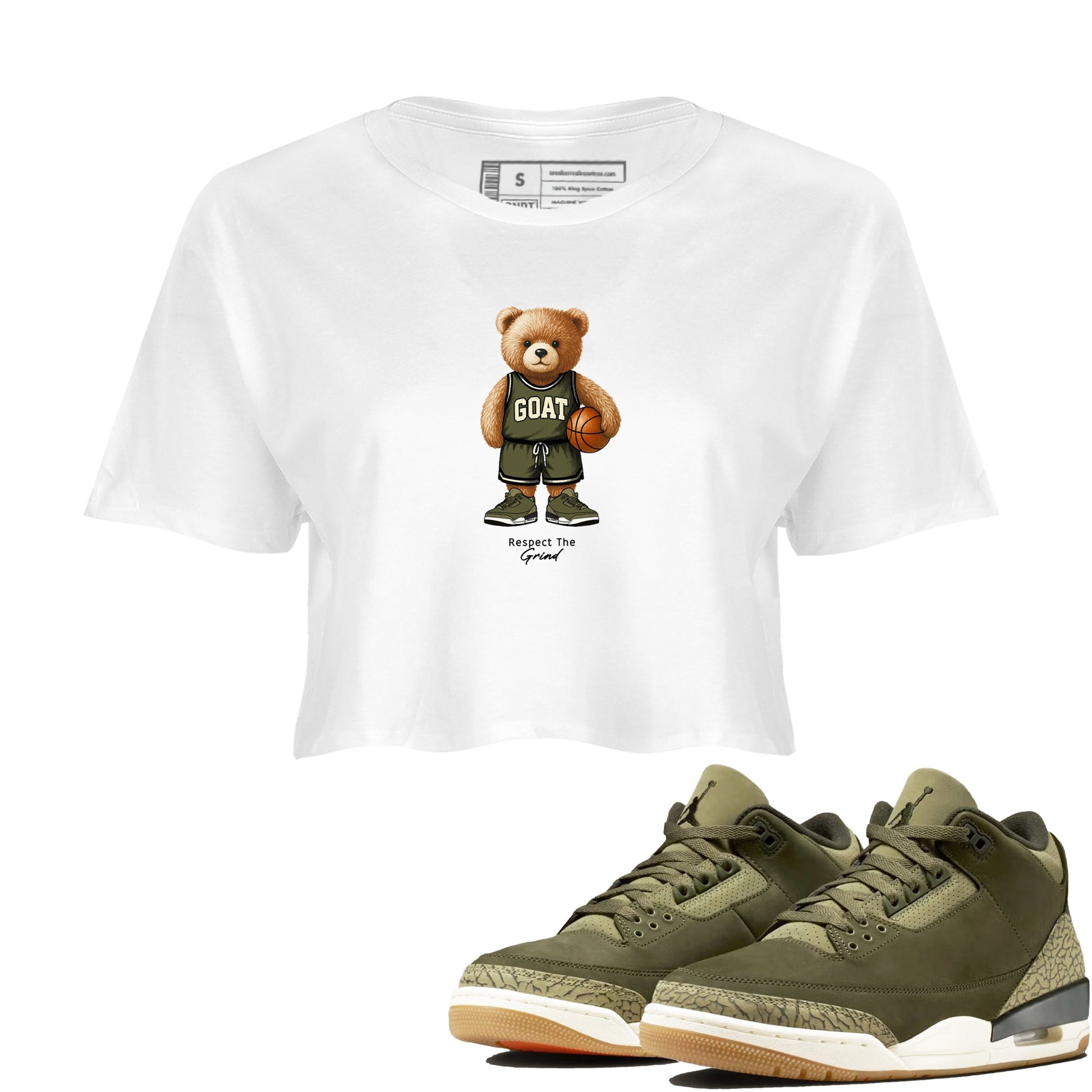 Basketball Graphic Tee – Sneaker Tees To Match Air Jordan 3 Family Affair – GOAT Mode Crop Tee White 1. Perfect for 3s Medium Olive releases 2025 colorways.