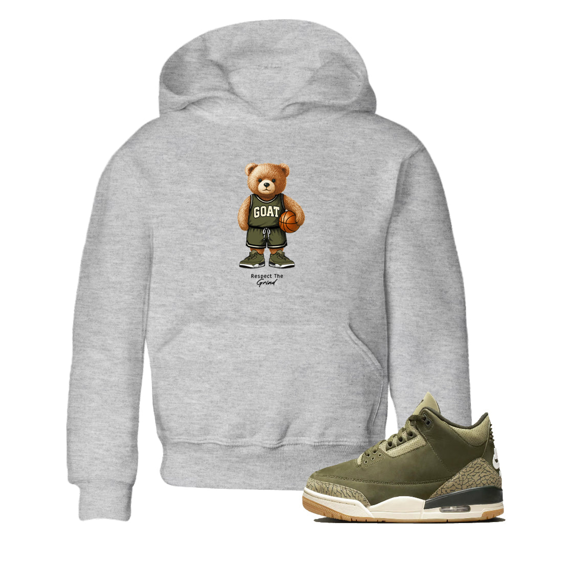 Basketball Graphic Tee – Sneaker Tees To Match Air Jordan 3 Family Affair – GOAT Mode Youth Graphic Tee Heather Grey 1. Perfect for 3s Medium Olive releases 2025 colorways.