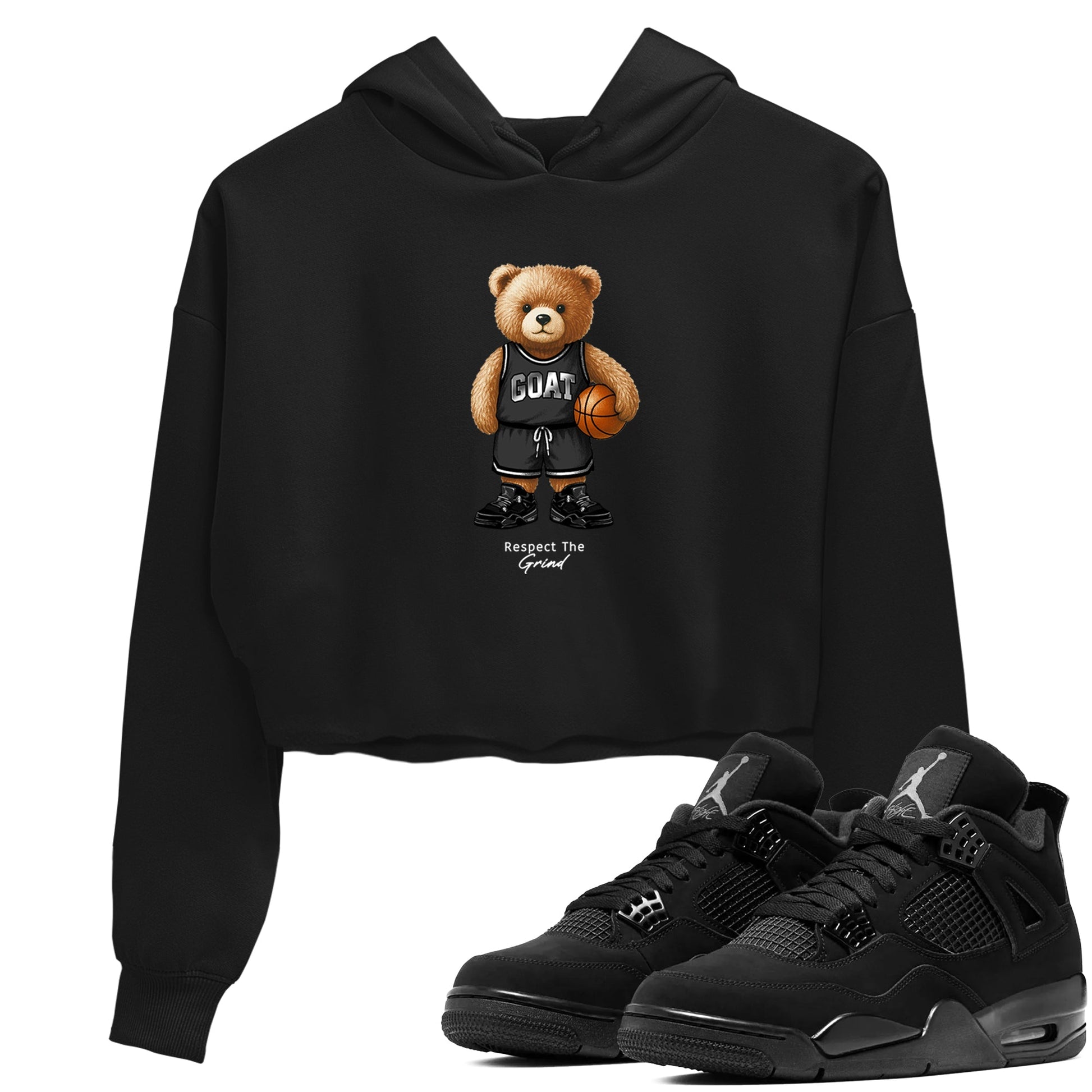 Basketball Graphic Tee – Sneaker Tees To Match Air Jordan 4 Black Cat – GOAT Mode Crop Tee Black 1. Perfect for Black Cat releases 2025 colorways.