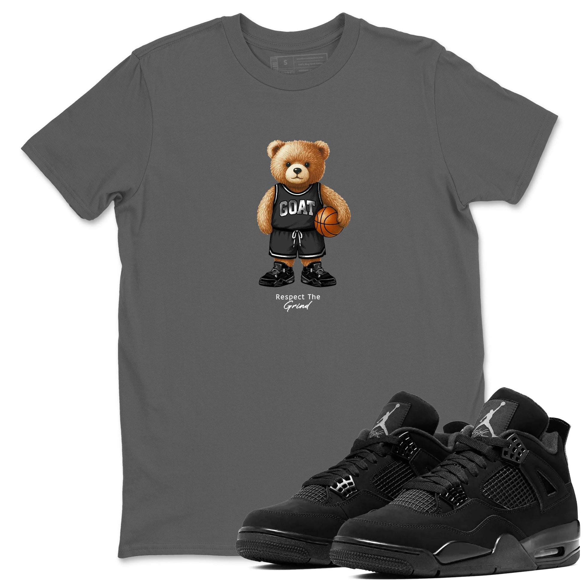 Basketball Graphic Tee – Sneaker Tees To Match Air Jordan 4 Black Cat – GOAT Mode Graphic Tee Cool Grey 1. Perfect for Black Cat releases 2025 colorways.