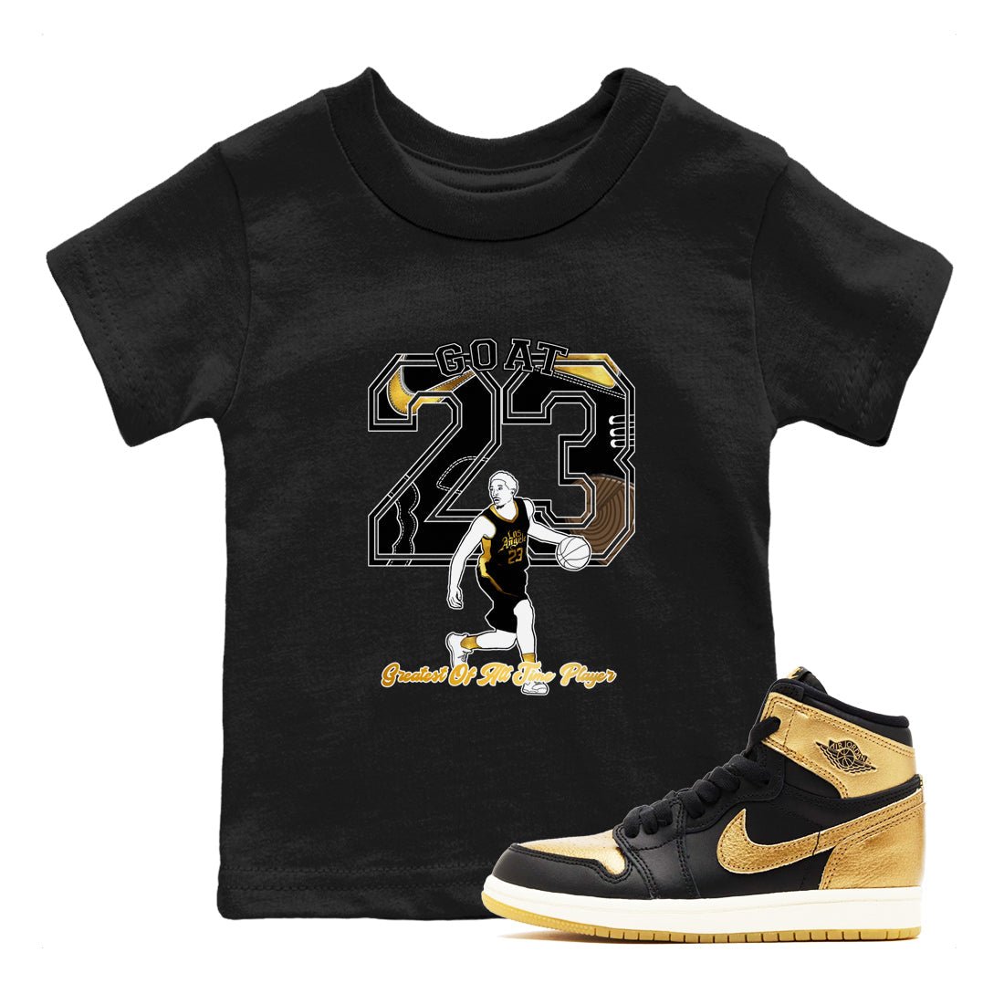 1s Black Metallic Gold shirts to match jordans Goat Player sneaker match tees Jordan 1 High OG Black and Gold SNRT Sneaker Tees streetwear brand Baby and Youth Black 1 cotton tee