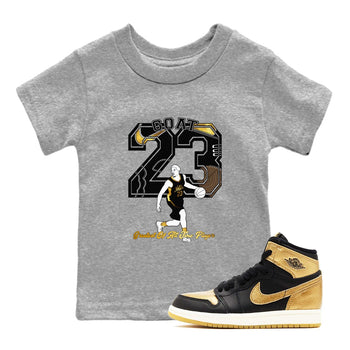 1s Black Metallic Gold shirts to match jordans Goat Player sneaker match tees Jordan 1 High OG Black and Gold SNRT Sneaker Tees streetwear brand Baby and Youth Heather Grey 1 cotton tee