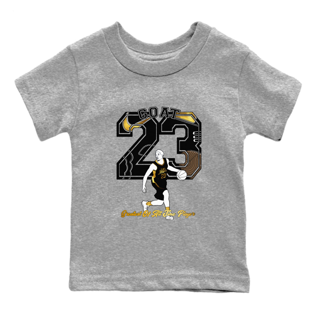 1s Black Metallic Gold shirts to match jordans Goat Player sneaker match tees Jordan 1 High OG Black and Gold SNRT Sneaker Tees streetwear brand Baby and Youth Heather Grey 2 cotton tee