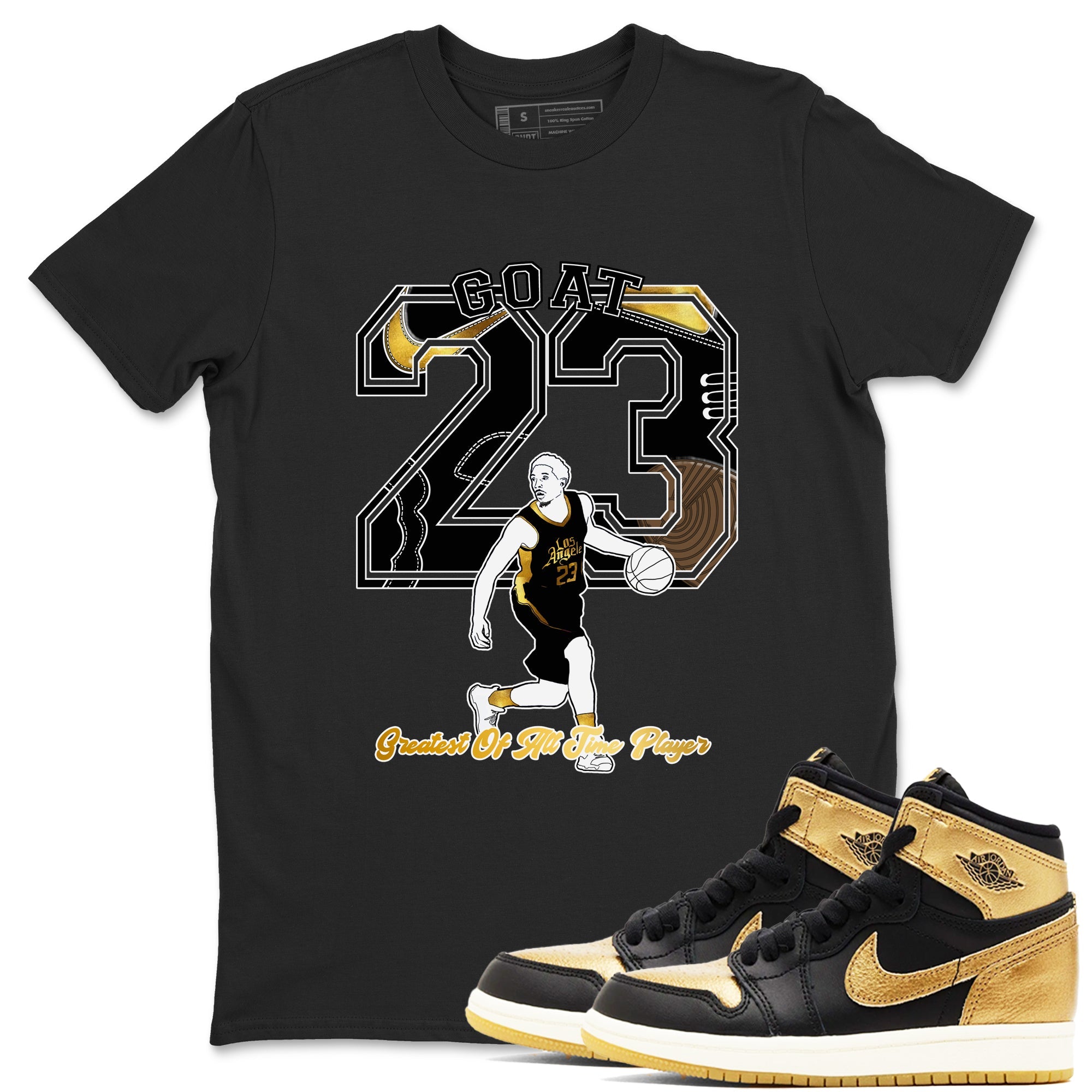 1s Black Metallic Gold shirts to match jordans Goat Player sneaker match tees Jordan 1 High OG Black and Gold SNRT Sneaker Tees streetwear brand Black 1 unisex cotton tee