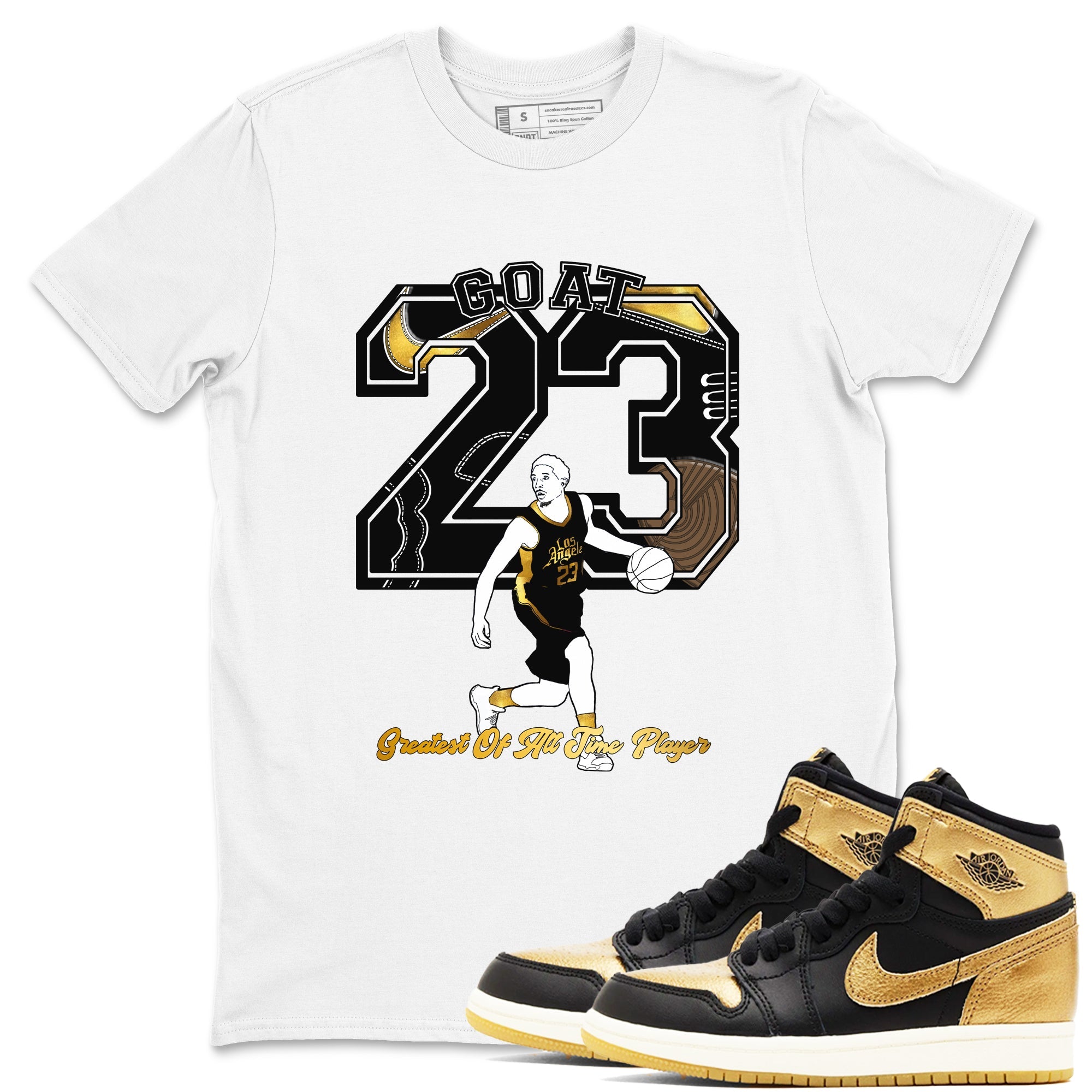 1s Black Metallic Gold shirts to match jordans Goat Player sneaker match tees Jordan 1 High OG Black and Gold SNRT Sneaker Tees streetwear brand White 1 unisex cotton tee