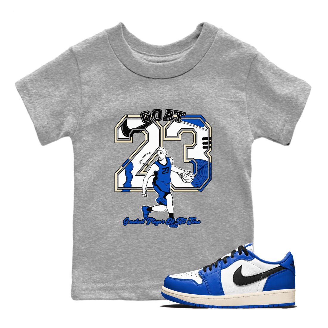 1s Game Royal shirts to match jordans Goat Player sneaker match tees Air Jordan 1 Retro Low OG Game Royal match shoes to clothes SNRT Sneaker Tees Youth Baby Heather Grey 1 tee