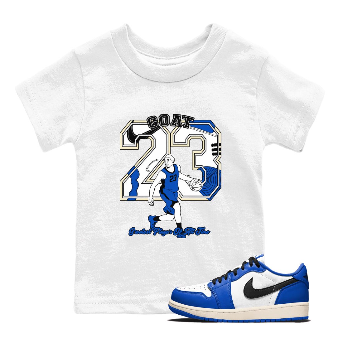 1s Game Royal shirts to match jordans Goat Player sneaker match tees Air Jordan 1 Retro Low OG Game Royal match shoes to clothes SNRT Sneaker Tees Youth Baby White 1 tee