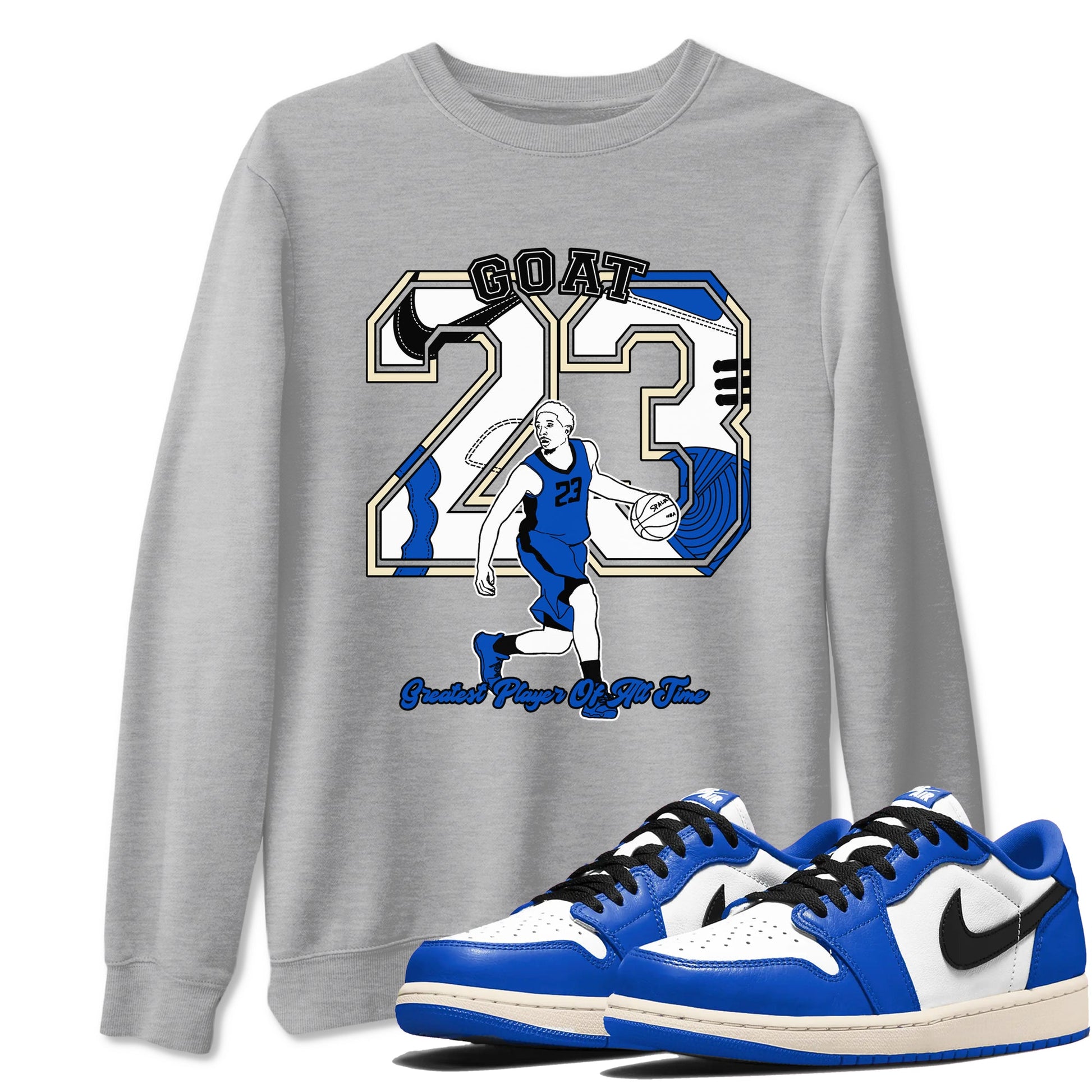 1s Game Royal shirts to match jordans Goat Player sneaker match tees Air Jordan 1 Retro Low OG Game Royal match shoes to clothes SNRT Sneaker Tees unisex cotton Heather Grey 1 shirts