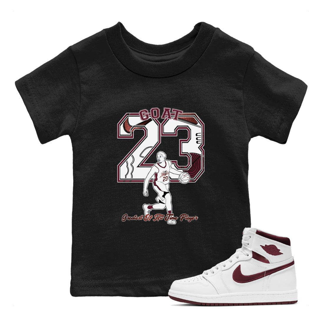 AJ1 High '85 Metallic Burgundy shirts to match jordans Goat Player sneaker match tees 1s High '85 Metallic Burgundy SNRT Sneaker Tees streetwear brand Baby and Youth Black 1 cotton tee