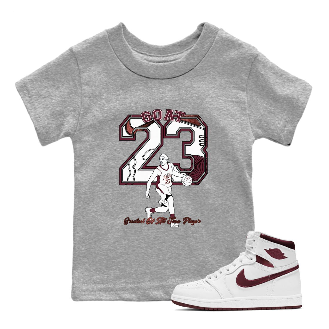 AJ1 High '85 Metallic Burgundy shirts to match jordans Goat Player sneaker match tees 1s High '85 Metallic Burgundy SNRT Sneaker Tees streetwear brand Baby and Youth Heather Grey 1 cotton tee