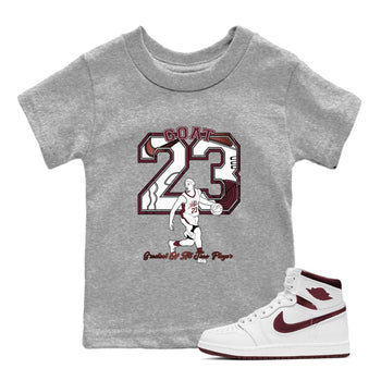 AJ1 High '85 Metallic Burgundy shirts to match jordans Goat Player sneaker match tees 1s High '85 Metallic Burgundy SNRT Sneaker Tees streetwear brand Baby and Youth Heather Grey 1 cotton tee