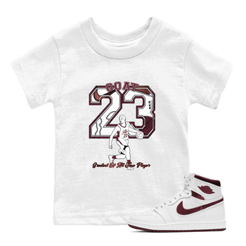 AJ1 High '85 Metallic Burgundy shirts to match jordans Goat Player sneaker match tees 1s High '85 Metallic Burgundy SNRT Sneaker Tees streetwear brand Baby and Youth White 1 cotton tee