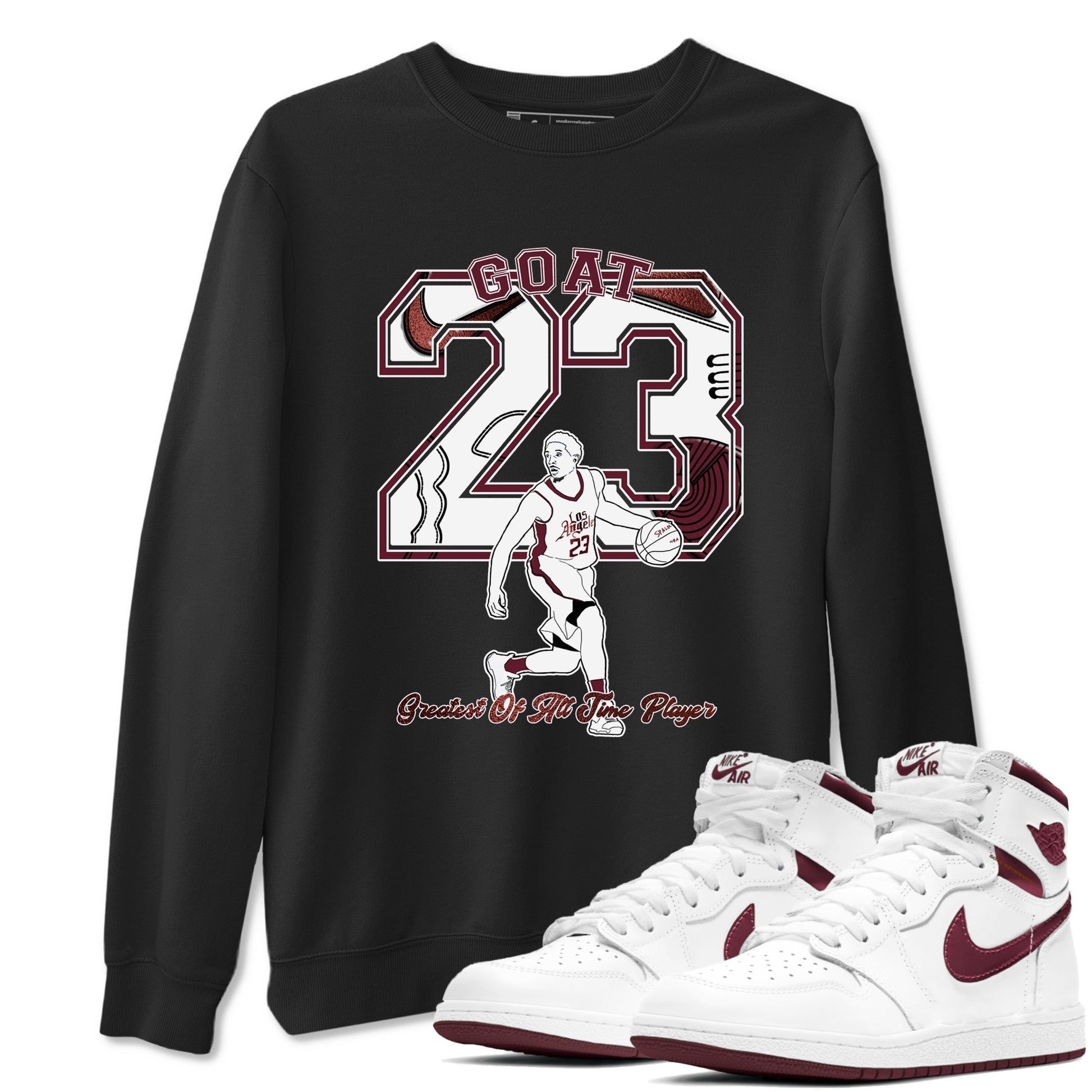 AJ1 High '85 Metallic Burgundy shirts to match jordans Goat Player sneaker match tees 1s High '85 Metallic Burgundy SNRT Sneaker Tees streetwear brand Black 1 unisex cotton tee