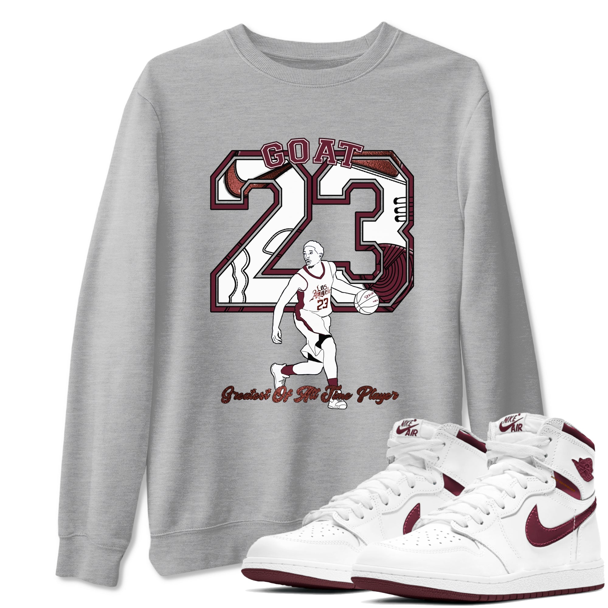 AJ1 High '85 Metallic Burgundy shirts to match jordans Goat Player sneaker match tees 1s High '85 Metallic Burgundy SNRT Sneaker Tees streetwear brand Heather Grey 1 unisex cotton tee