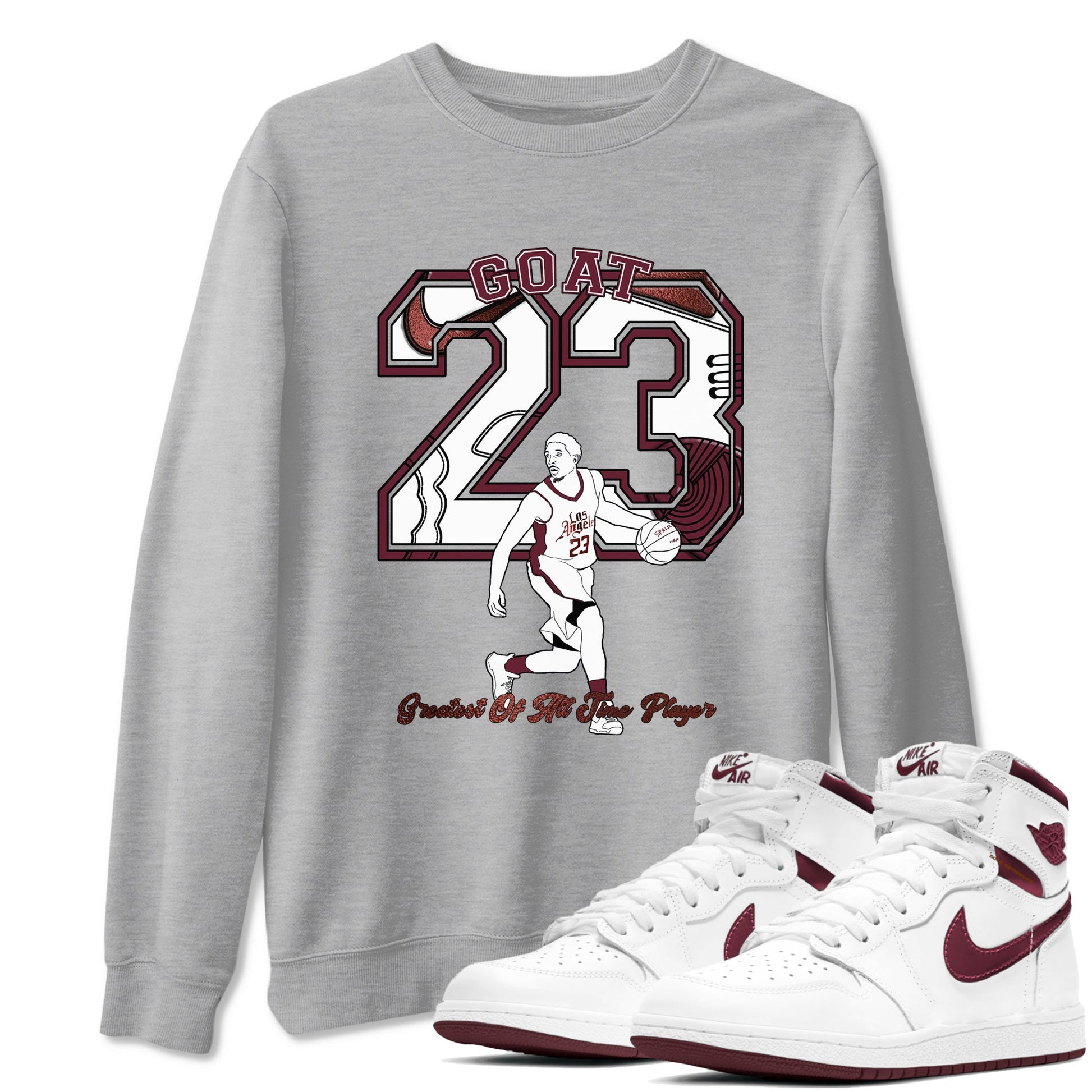 AJ1 High '85 Metallic Burgundy shirts to match jordans Goat Player sneaker match tees 1s High '85 Metallic Burgundy SNRT Sneaker Tees streetwear brand Heather Grey 1 unisex cotton tee