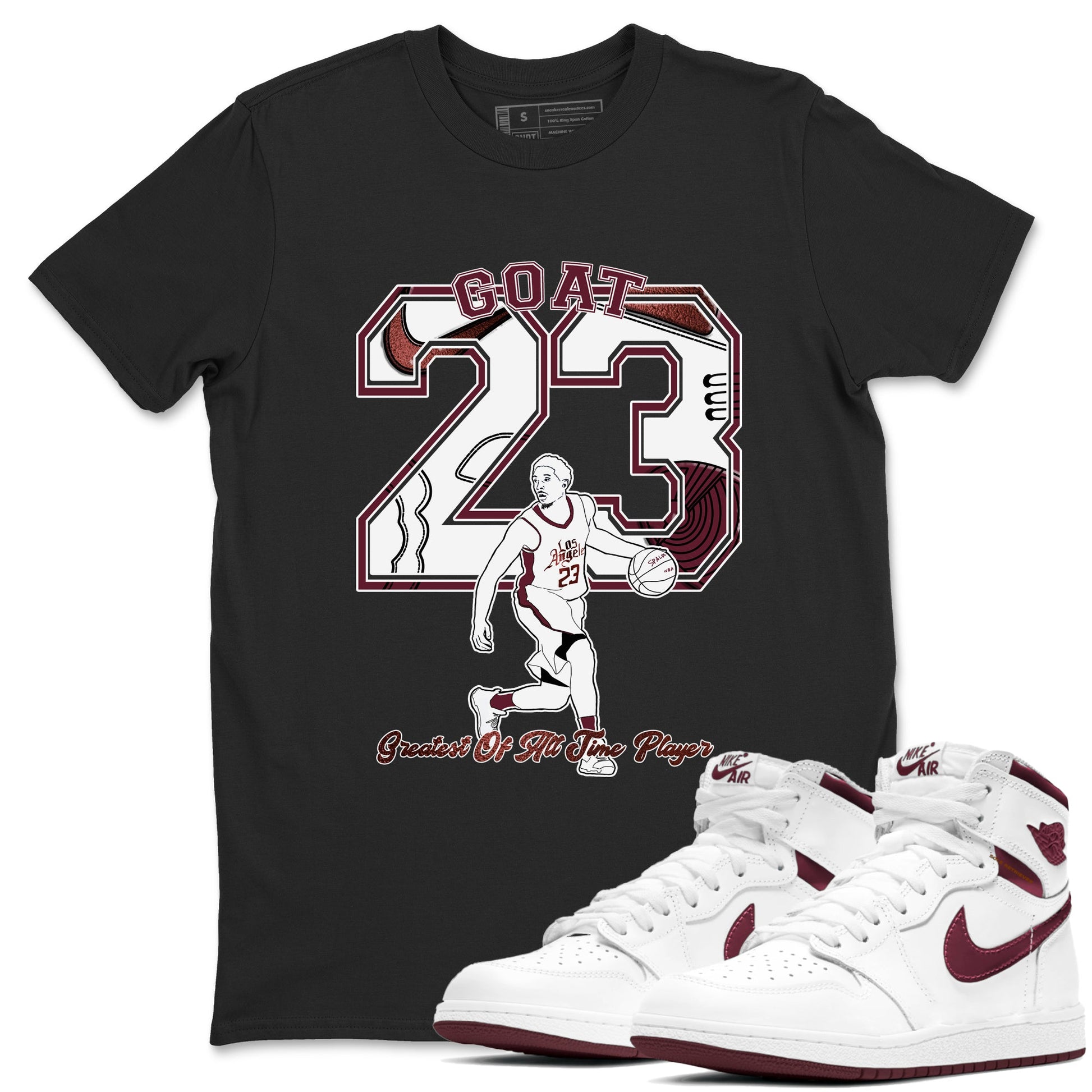 AJ1 High '85 Metallic Burgundy shirts to match jordans Goat Player sneaker match tees 1s High '85 Metallic Burgundy SNRT Sneaker Tees streetwear brand Black 1 unisex cotton tee