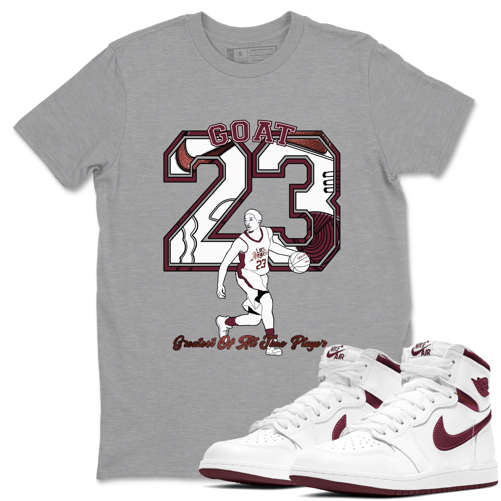 AJ1 High '85 Metallic Burgundy shirts to match jordans Goat Player sneaker match tees 1s High '85 Metallic Burgundy SNRT Sneaker Tees streetwear brand Heather Grey 1 unisex cotton tee