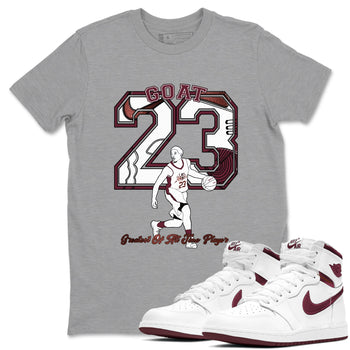 AJ1 High '85 Metallic Burgundy shirts to match jordans Goat Player sneaker match tees 1s High '85 Metallic Burgundy SNRT Sneaker Tees streetwear brand Heather Grey 1 unisex cotton tee