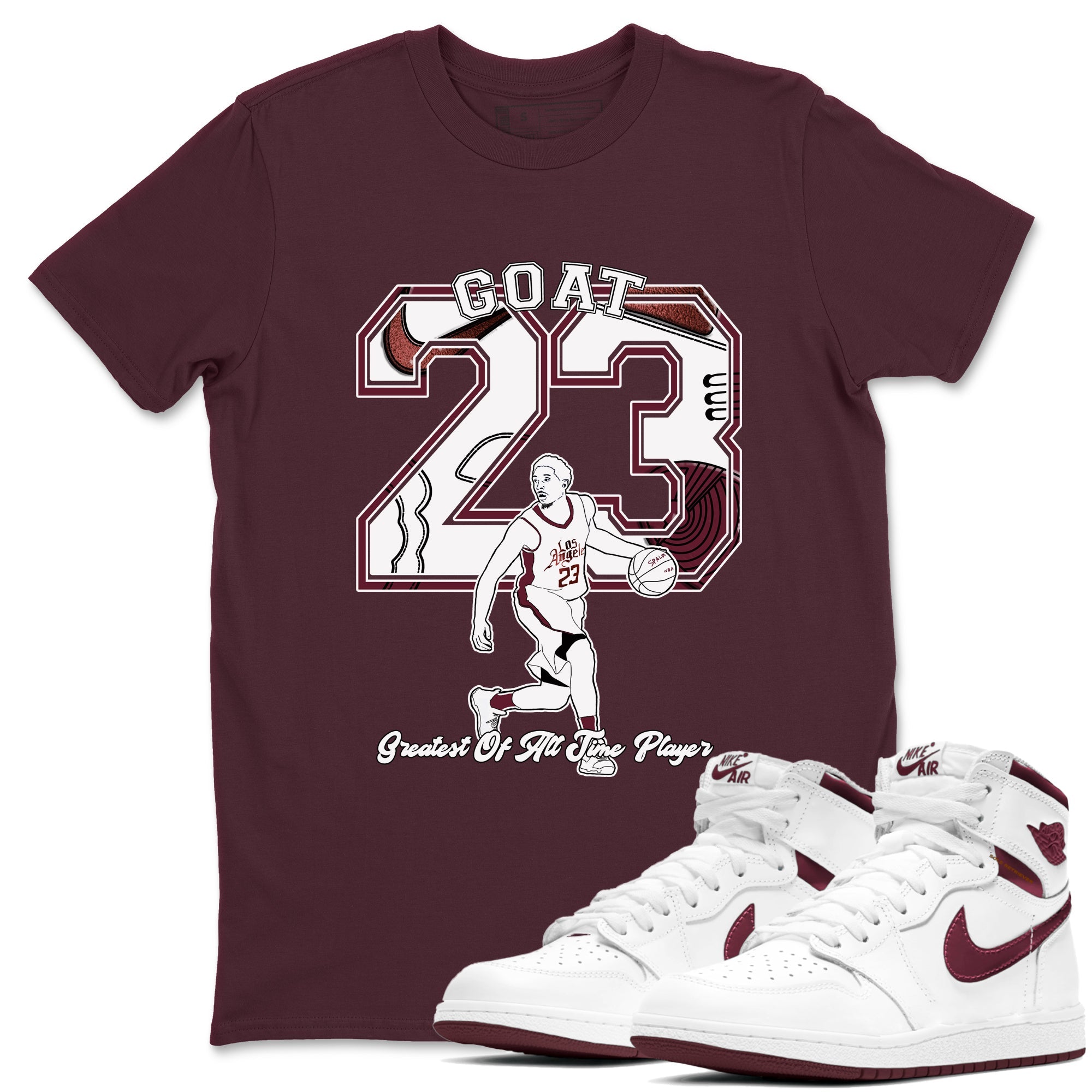 AJ1 High '85 Metallic Burgundy shirts to match jordans Goat Player sneaker match tees 1s High '85 Metallic Burgundy SNRT Sneaker Tees streetwear brand Maroon 1 unisex cotton tee
