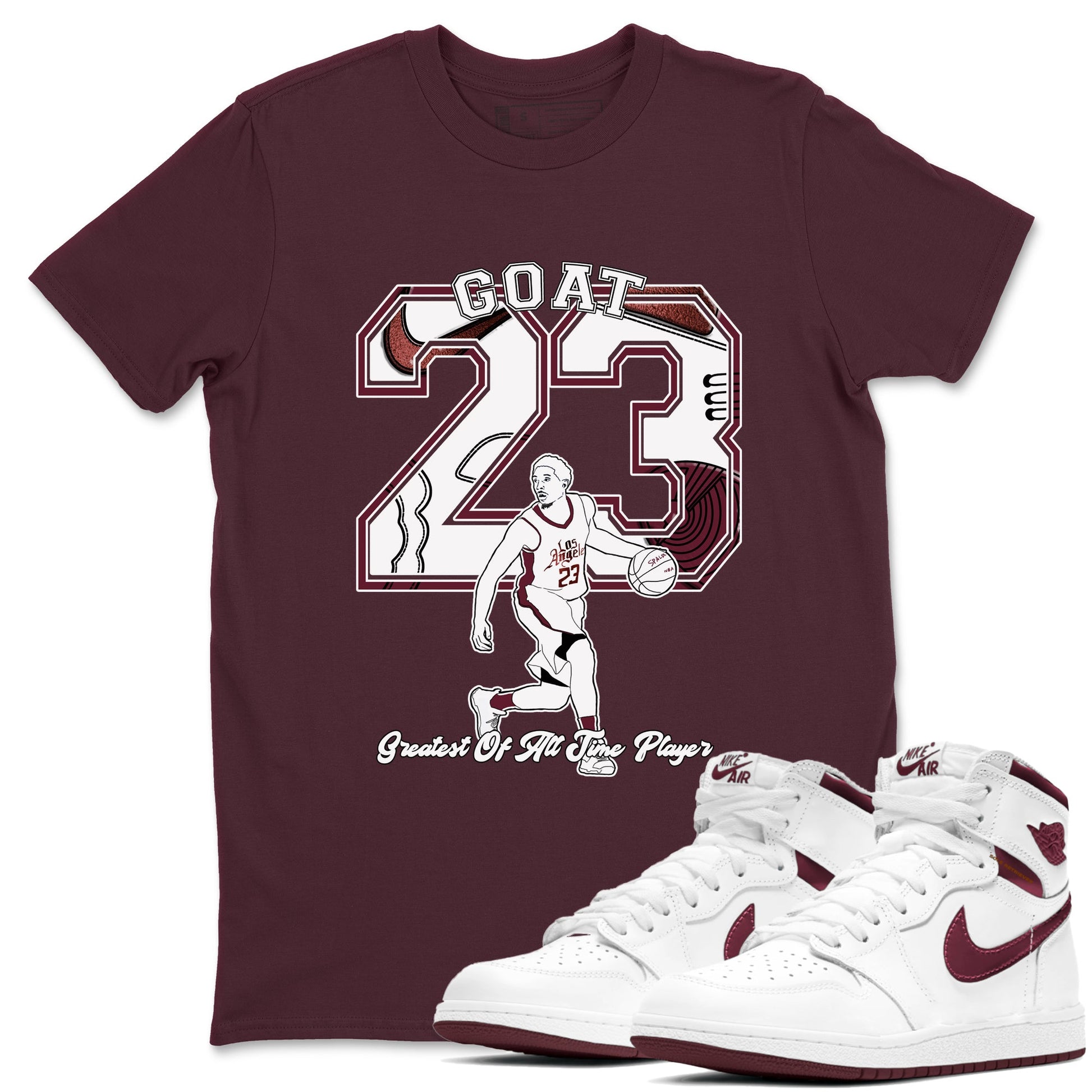 AJ1 High '85 Metallic Burgundy shirts to match jordans Goat Player sneaker match tees 1s High '85 Metallic Burgundy SNRT Sneaker Tees streetwear brand Maroon 1 unisex cotton tee