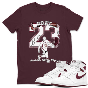 AJ1 High '85 Metallic Burgundy shirts to match jordans Goat Player sneaker match tees 1s High '85 Metallic Burgundy SNRT Sneaker Tees streetwear brand Maroon 1 unisex cotton tee