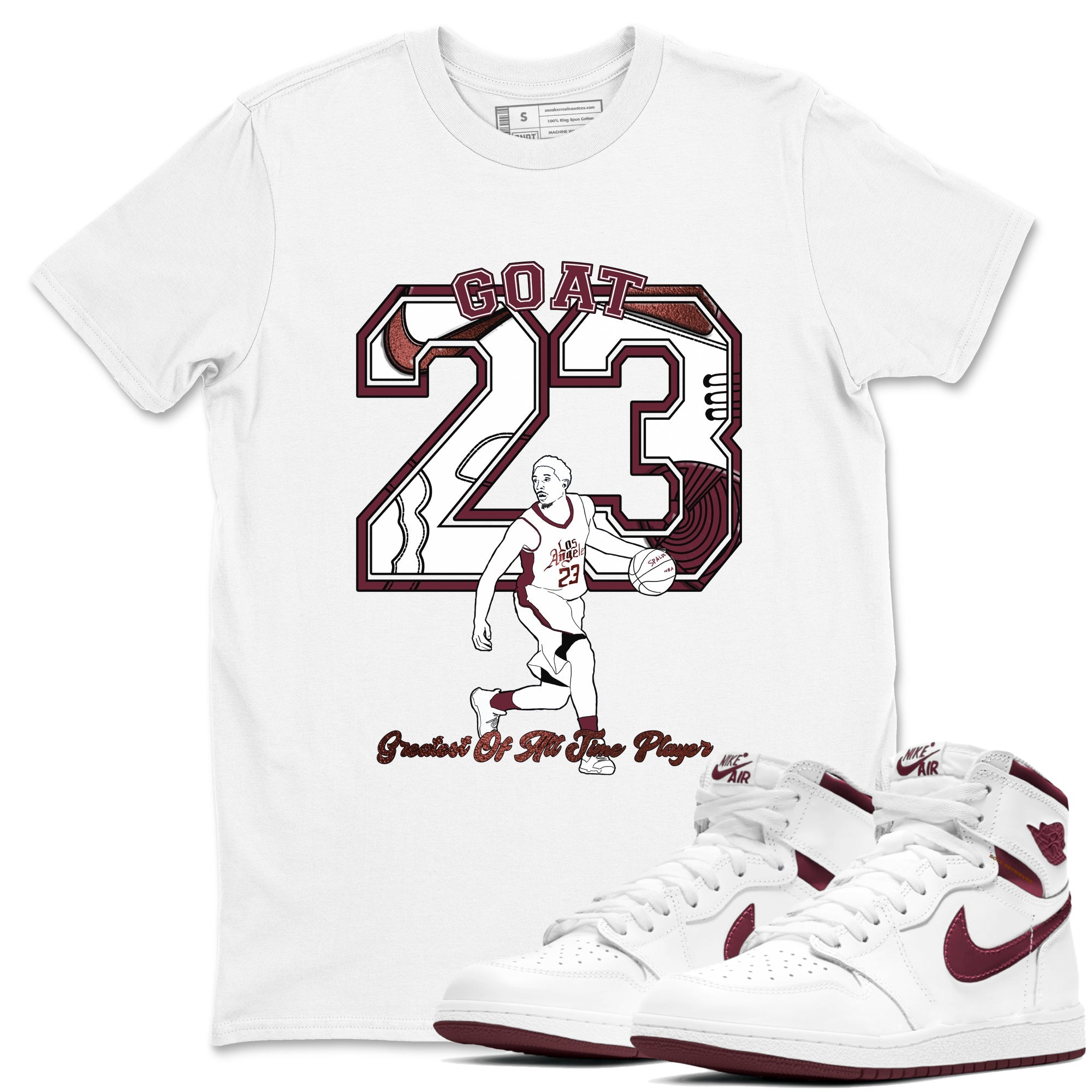 AJ1 High '85 Metallic Burgundy shirts to match jordans Goat Player sneaker match tees 1s High '85 Metallic Burgundy SNRT Sneaker Tees streetwear brand White 1 unisex cotton tee
