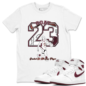 AJ1 High '85 Metallic Burgundy shirts to match jordans Goat Player sneaker match tees 1s High '85 Metallic Burgundy SNRT Sneaker Tees streetwear brand White 1 unisex cotton tee