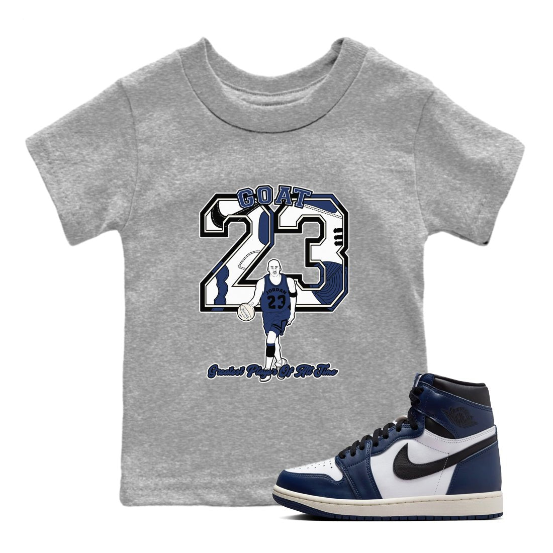 1s Midnight Navy shirts to match jordans Goat Player sneaker match tees Air Jordan 1 Midnight Navy match shoes to clothes SNRT Sneaker Tees Youth Baby Heather Grey 1 tee