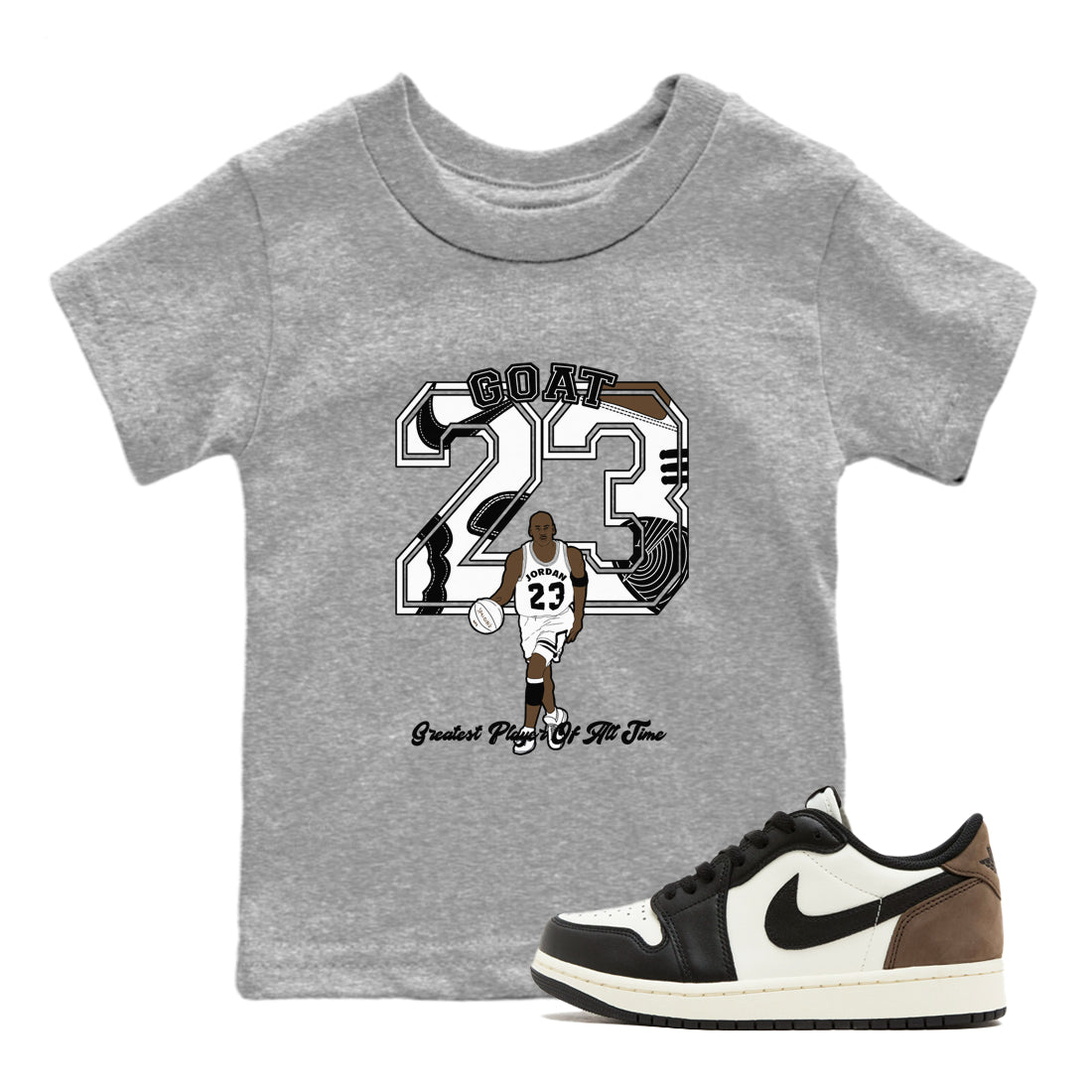 1s Mocha shirts to match jordans Goat Player sneaker match tees Air Jordan 1 Mocha SNRT Sneaker Release Tees Youth Baby Heather Grey 1 crew neck shirts