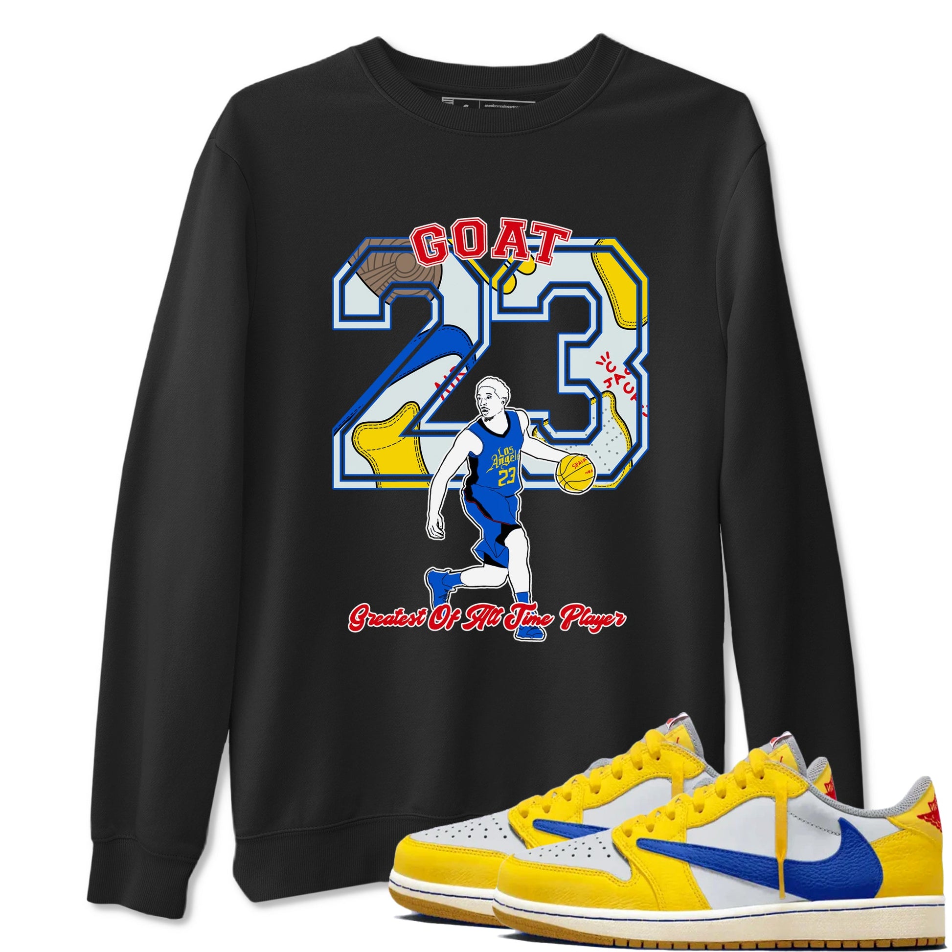 1s Travis Scott Canary shirt to match jordans Goat Player sneaker tees Air Jordan 1 Travis Scott Canary SNRT Sneaker Release Tees unisex cotton Black 1 crew neck shirt