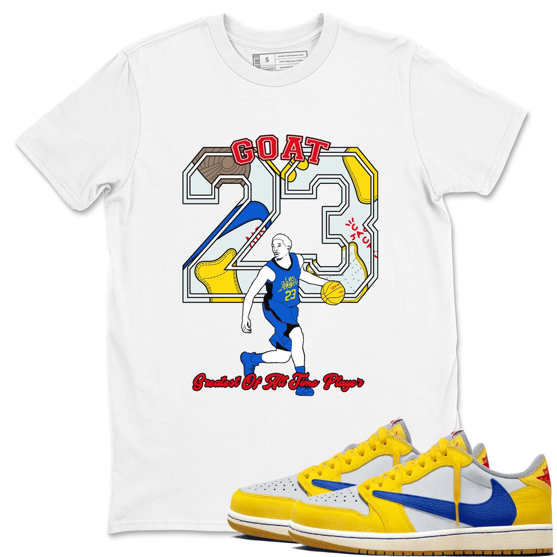 1s Travis Scott Canary shirt to match jordans Goat Player sneaker tees Air Jordan 1 Travis Scott Canary SNRT Sneaker Release Tees unisex cotton White 1 crew neck shirt