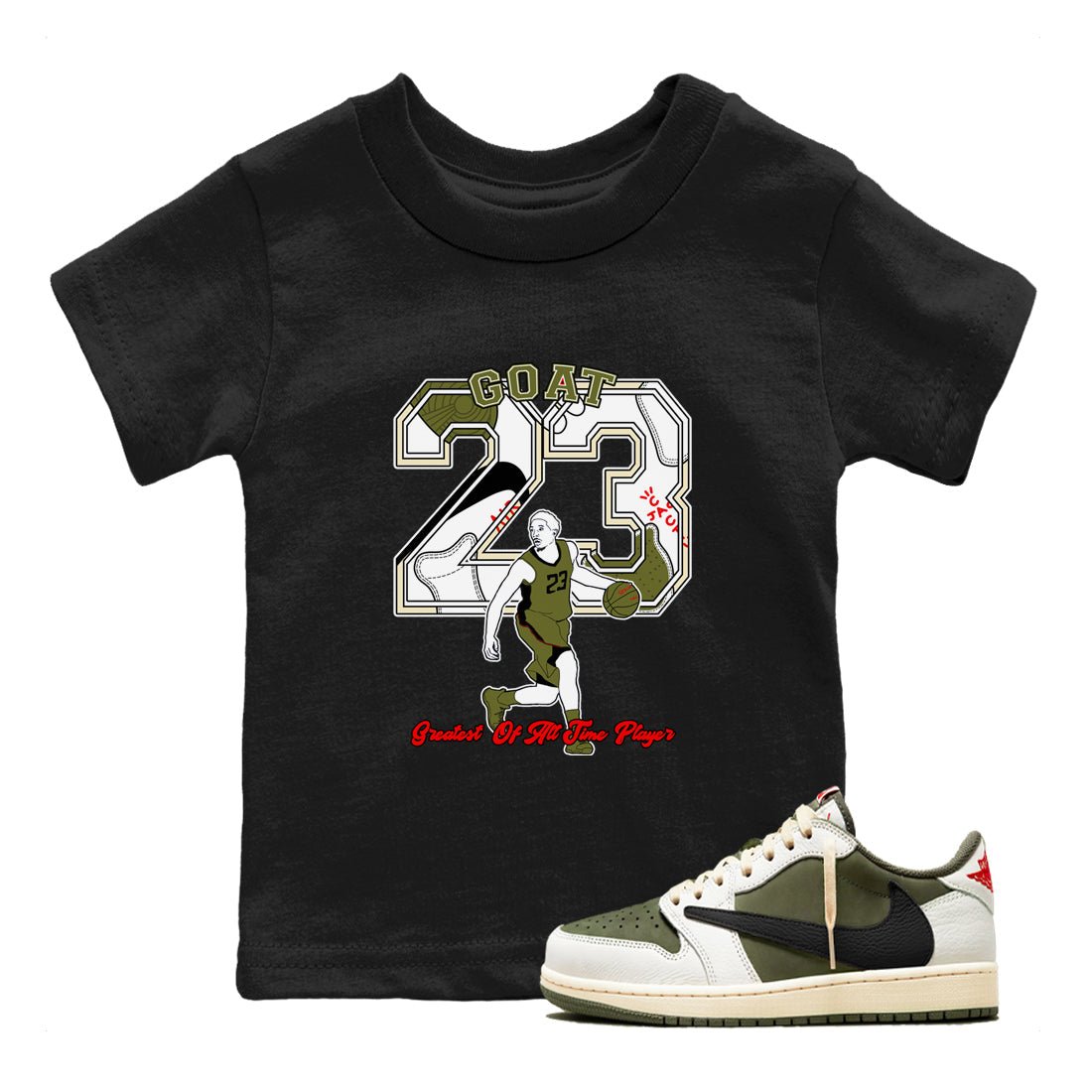 Jordan 1 Olive t shirts to match sneakers Goat Player sneaker match tees Air Jordan 1 Low x Travis Scott Reverse Olive tee SNRT Sneaker Tees Youth Baby Black 1 tee