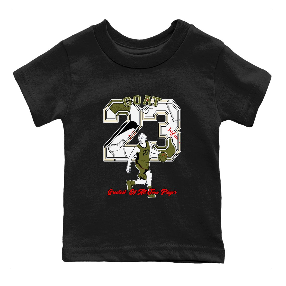 Jordan 1 Olive t shirts to match sneakers Goat Player sneaker match tees Air Jordan 1 Low x Travis Scott Reverse Olive tee SNRT Sneaker Tees Youth Baby Black 2 tee
