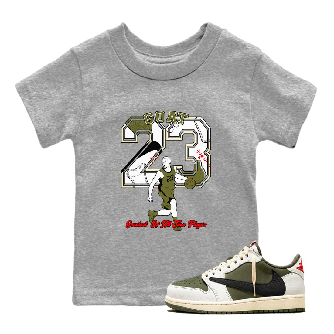 Jordan 1 Olive t shirts to match sneakers Goat Player sneaker match tees Air Jordan 1 Low x Travis Scott Reverse Olive tee SNRT Sneaker Tees Youth Baby Heather Grey 1 tee