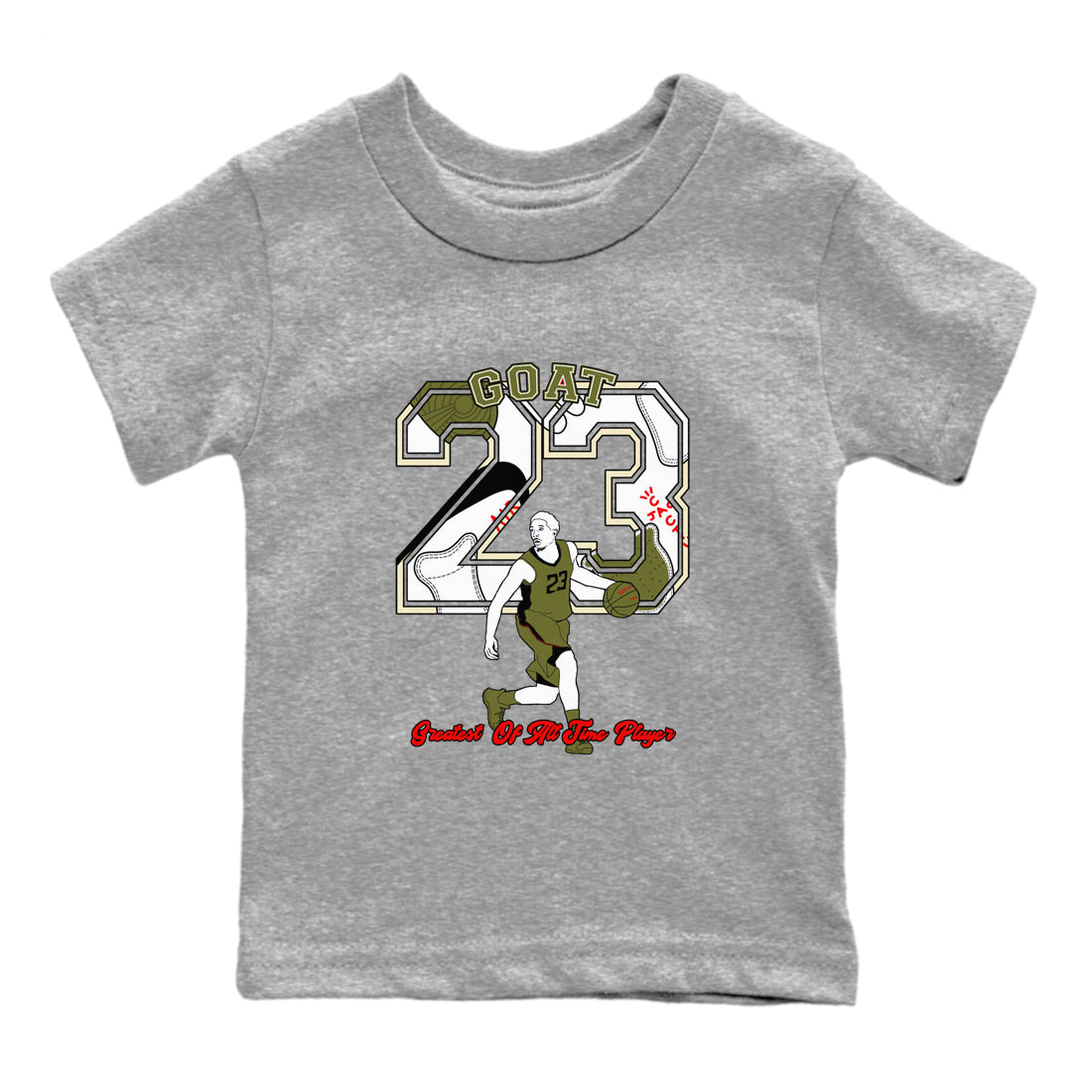 Jordan 1 Olive t shirts to match sneakers Goat Player sneaker match tees Air Jordan 1 Low x Travis Scott Reverse Olive tee SNRT Sneaker Tees Youth Baby Heather Grey 2 tee