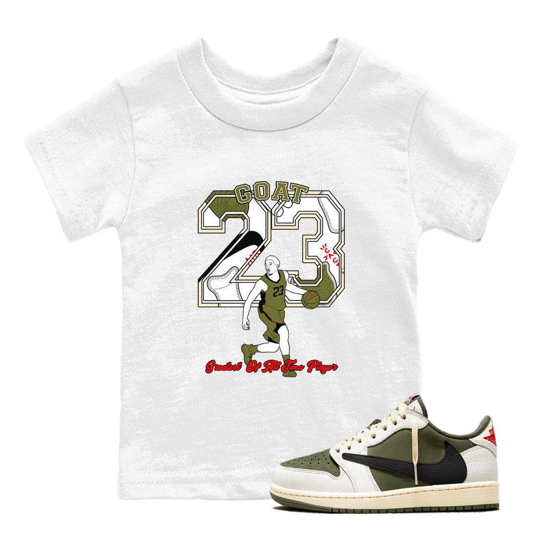 Jordan 1 Olive t shirts to match sneakers Goat Player sneaker match tees Air Jordan 1 Low x Travis Scott Reverse Olive tee SNRT Sneaker Tees Youth Baby White 1 tee