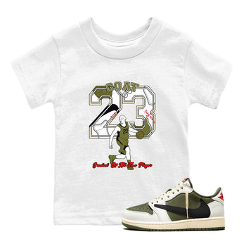 Jordan 1 Olive t shirts to match sneakers Goat Player sneaker match tees Air Jordan 1 Low x Travis Scott Reverse Olive tee SNRT Sneaker Tees Youth Baby White 1 tee