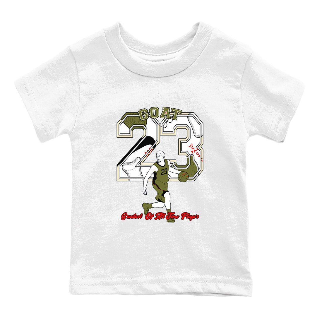 Jordan 1 Olive t shirts to match sneakers Goat Player sneaker match tees Air Jordan 1 Low x Travis Scott Reverse Olive tee SNRT Sneaker Tees Youth Baby White 2 tee