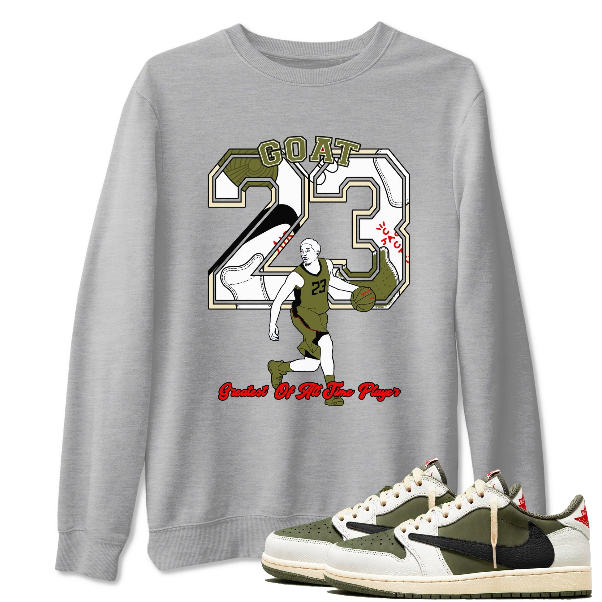 Jordan 1 Olive t shirts to match sneakers Goat Player sneaker match tees Air Jordan 1 Low x Travis Scott Reverse Olive tee SNRT Sneaker Tees unisex cotton Heather Grey 1 shirts