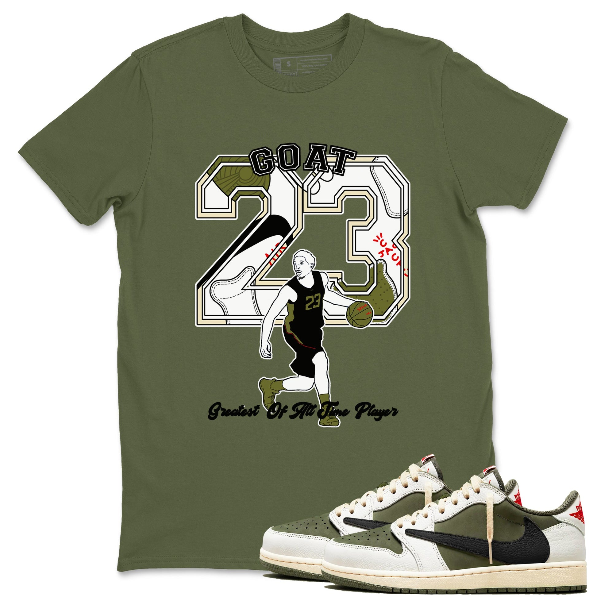 Jordan 1 Olive t shirts to match sneakers Goat Player sneaker match tees Air Jordan 1 Low x Travis Scott Reverse Olive tee SNRT Sneaker Tees unisex cotton Military Green 1 shirts