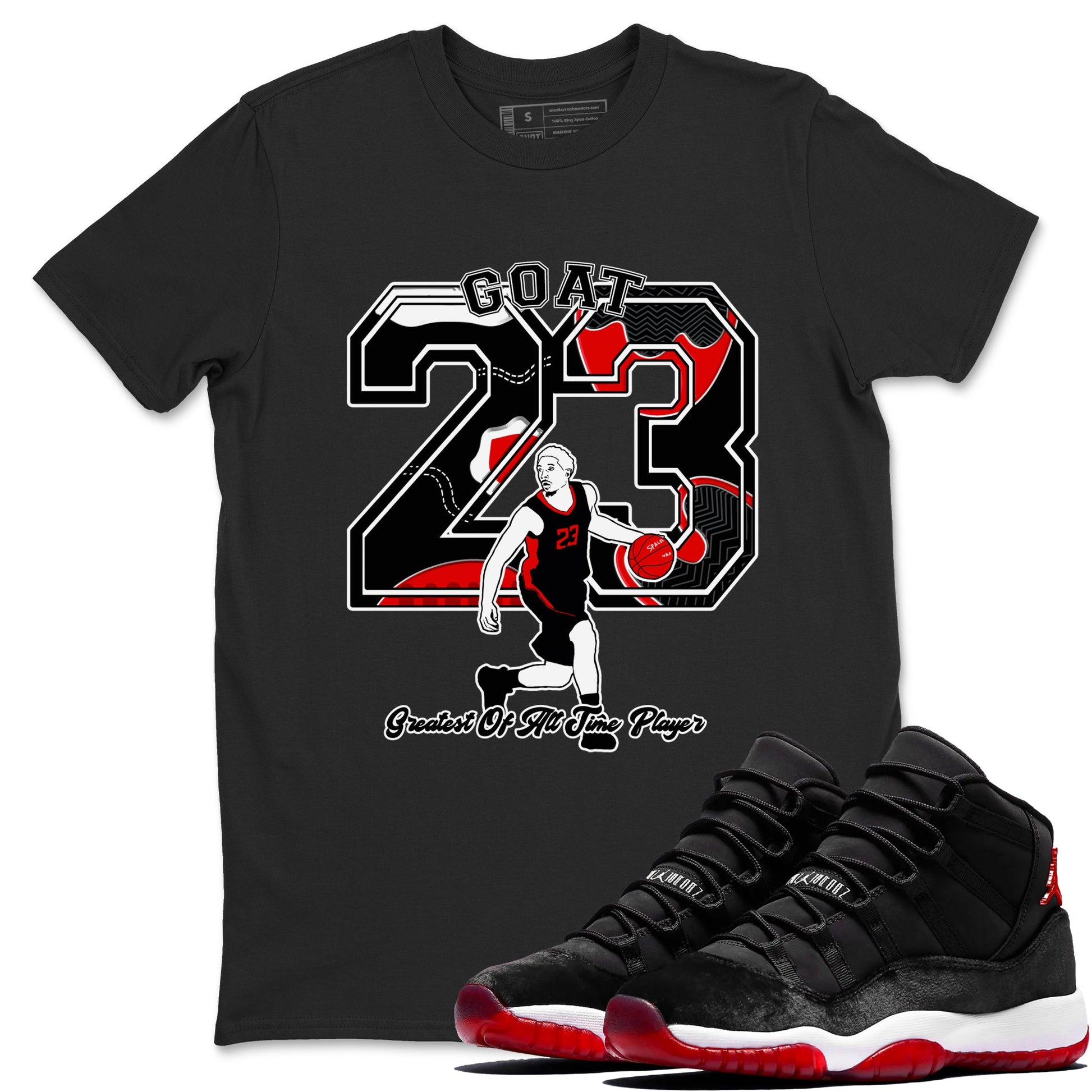 11s Bred Velvet shirts to match jordans Goat Player sneaker match tees Air Jordan 11 Retro Bred Velvet match shoes to clothes SNRT Sneaker Tees unisex cotton Black 1 shirts