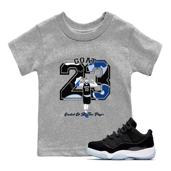11s Black and Varsity Royal shirt to match jordans Goat Player sneaker tees Air Jordan 11 Black/Varsity Royal SNRT sneaker release tees baby toddler Heather Grey 1 cotton Shirt