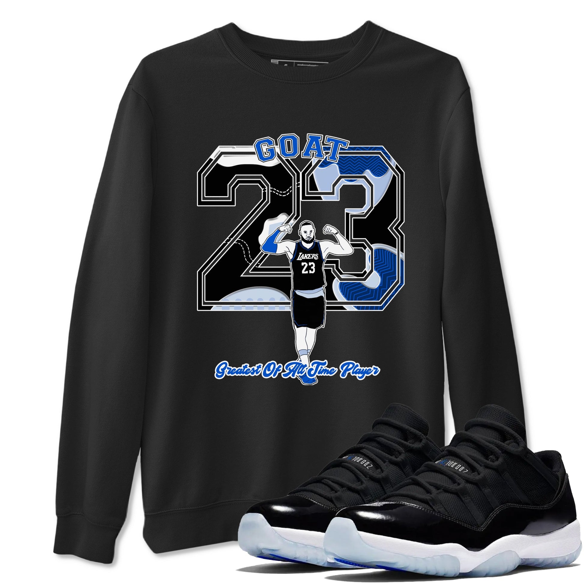 11s Black and Varsity Royal shirt to match jordans Goat Player sneaker tees Air Jordan 11 Black/Varsity Royal SNRT Sneaker Release Tees unisex cotton Black 1 crew neck shirt