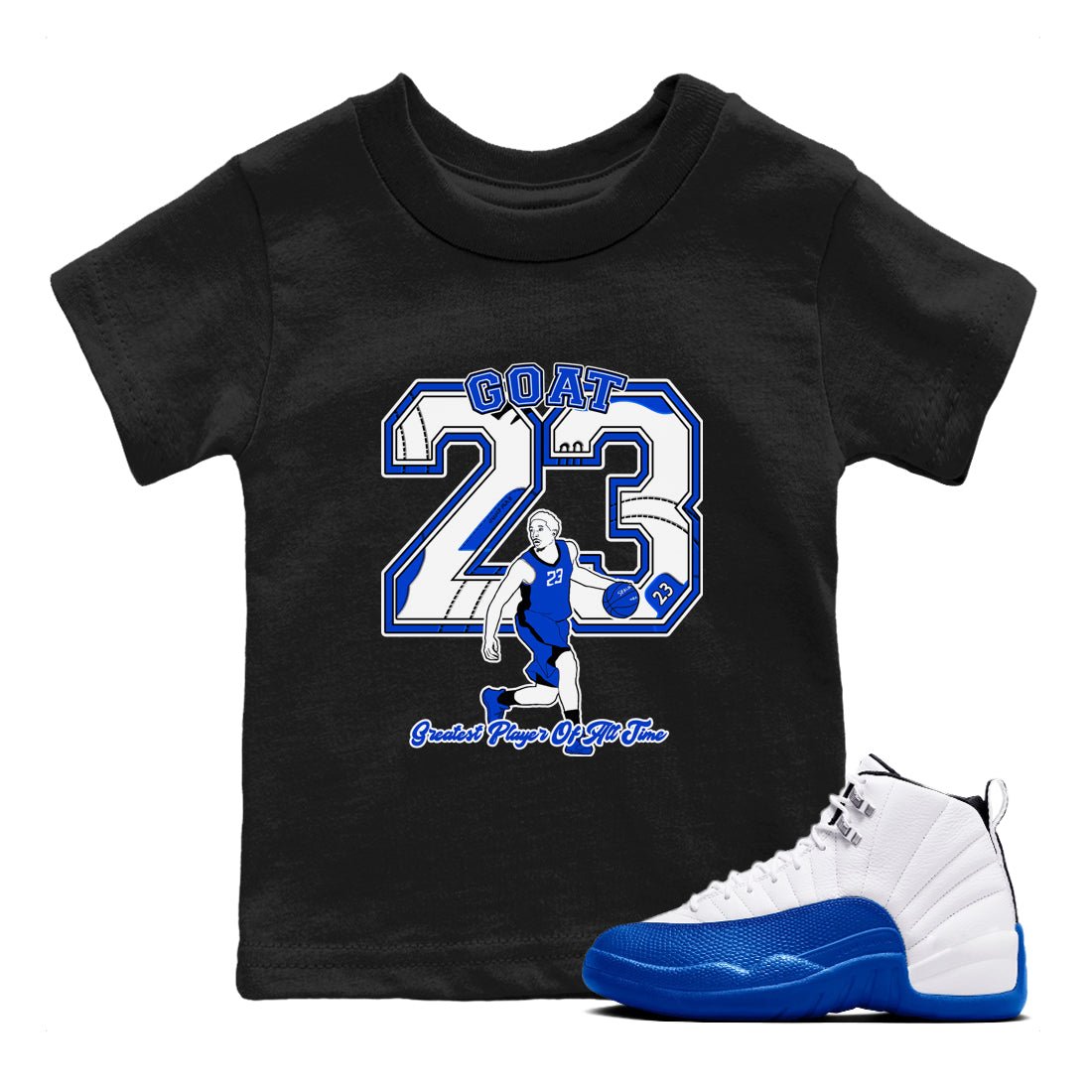 12s Blueberry shirts to match jordans Goat Player best t shirts to wear with jordans AJ12 White & Game Royal match shoes to clothes SNRT Sneaker Tees Youth Baby Black 1 tee