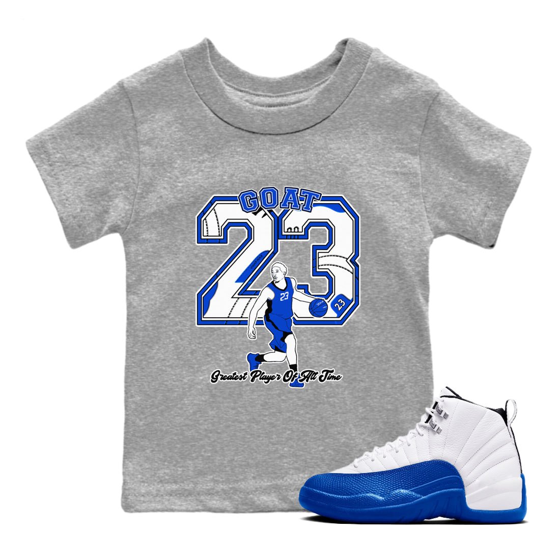 12s Blueberry shirts to match jordans Goat Player best t shirts to wear with jordans AJ12 White & Game Royal match shoes to clothes SNRT Sneaker Tees Youth Baby Heather Grey 1 tee
