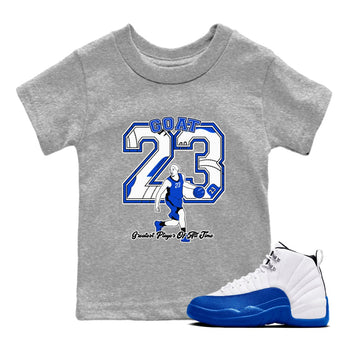 12s Blueberry shirts to match jordans Goat Player best t shirts to wear with jordans AJ12 White & Game Royal match shoes to clothes SNRT Sneaker Tees Youth Baby Heather Grey 1 tee