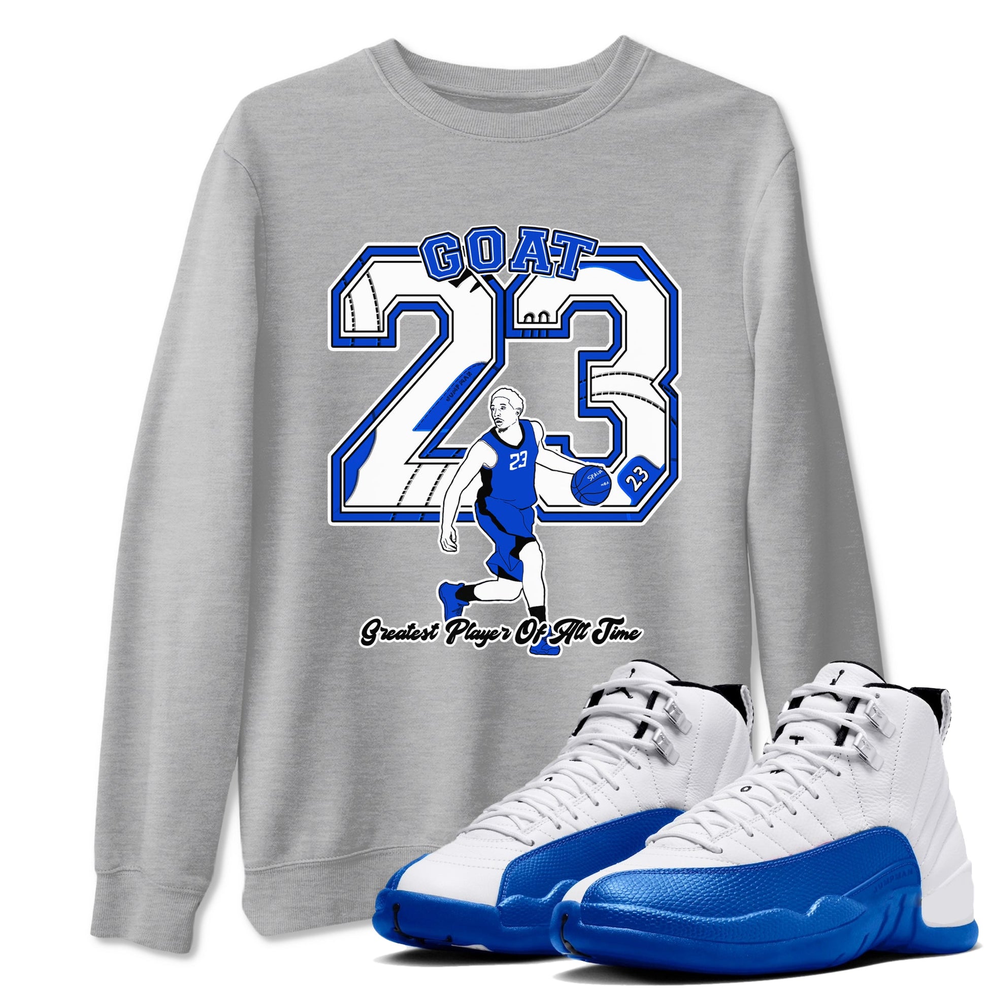 12s Blueberry shirts to match jordans Goat Player best t shirts to wear with jordans AJ12 White & Game Royal match shoes to clothes SNRT Sneaker Tees unisex cotton Heather Grey 1 shirts