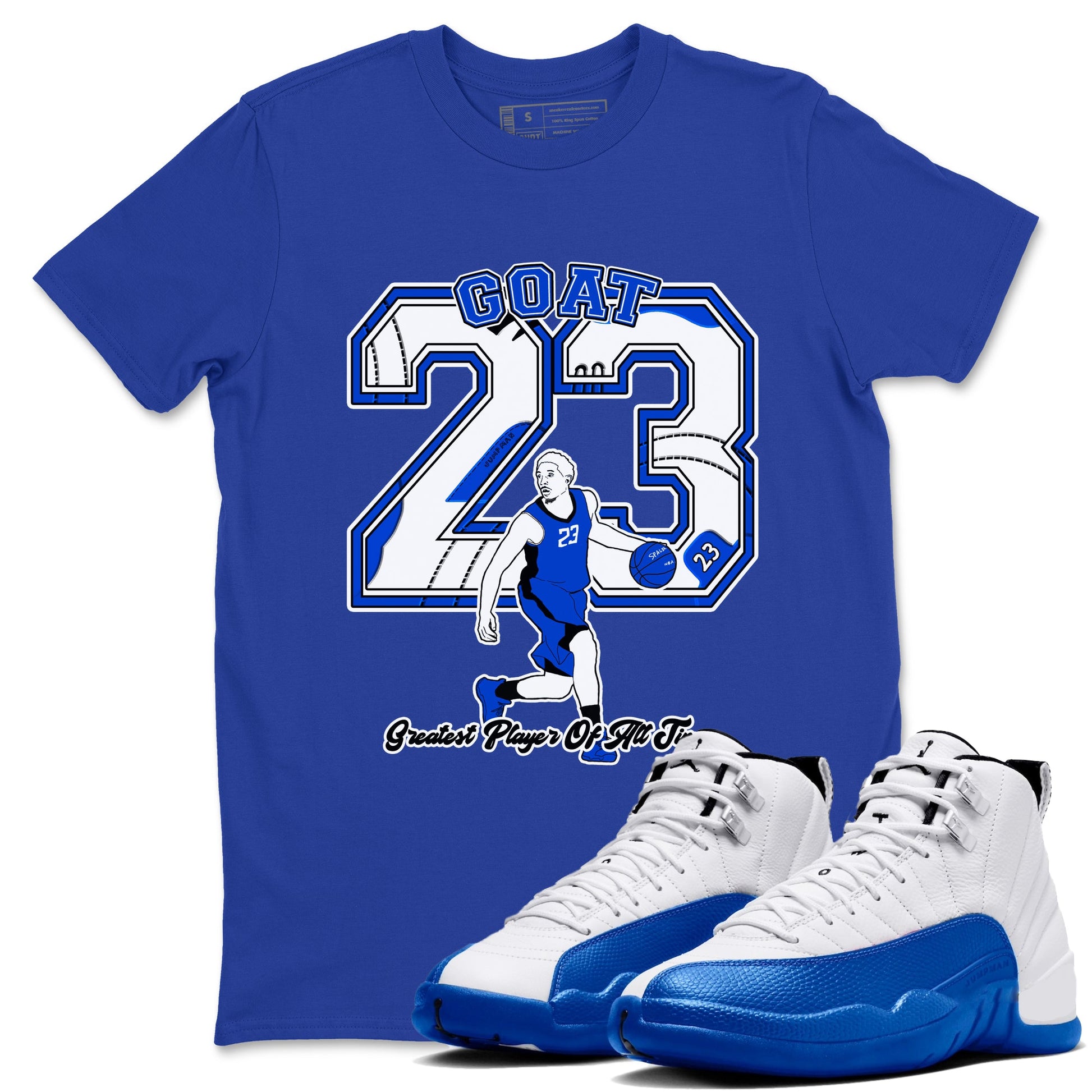 12s Blueberry shirts to match jordans Goat Player best t shirts to wear with jordans AJ12 White & Game Royal match shoes to clothes SNRT Sneaker Tees unisex cotton Royal Blue 1 shirts